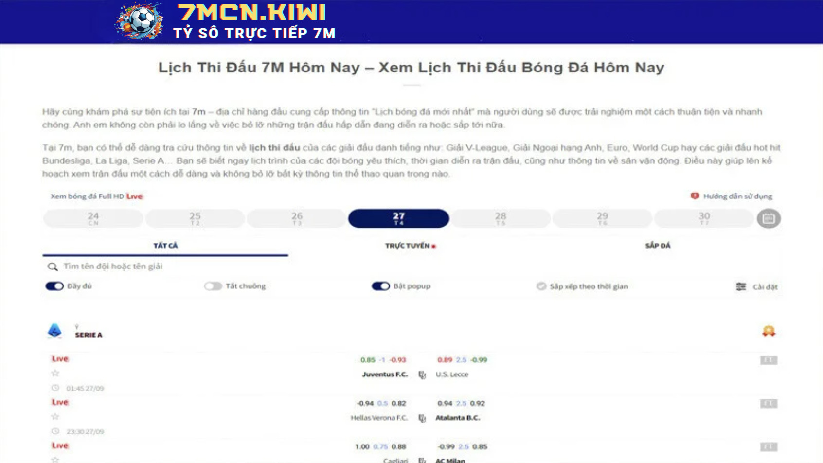 Giao Diện Lịch Thi Đấu 7M